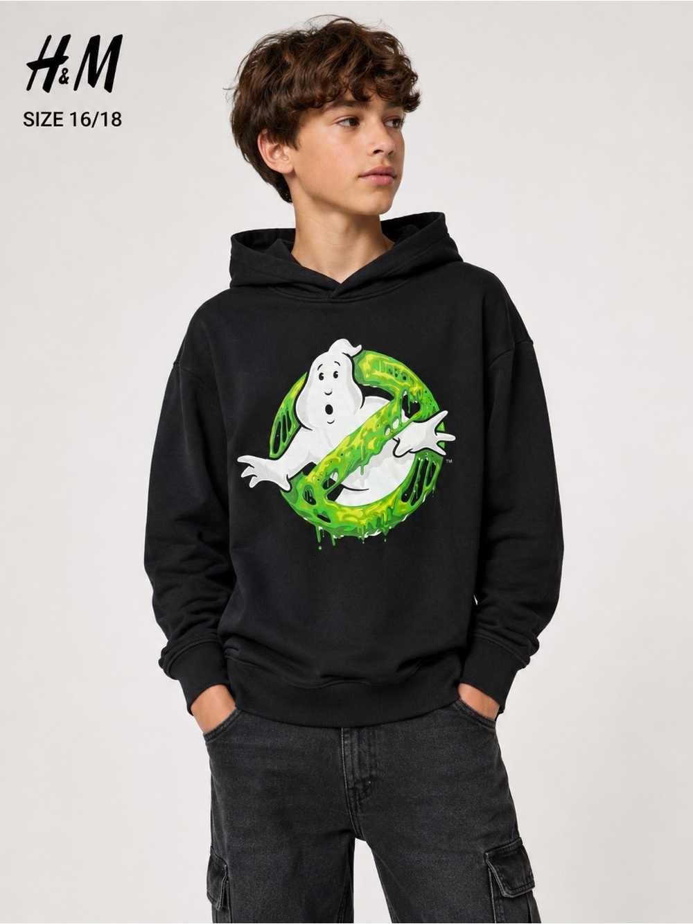 H&M Ghostbusters Boys Hoodie Size 16/18 Black Graphic Pullover Sweatshirt